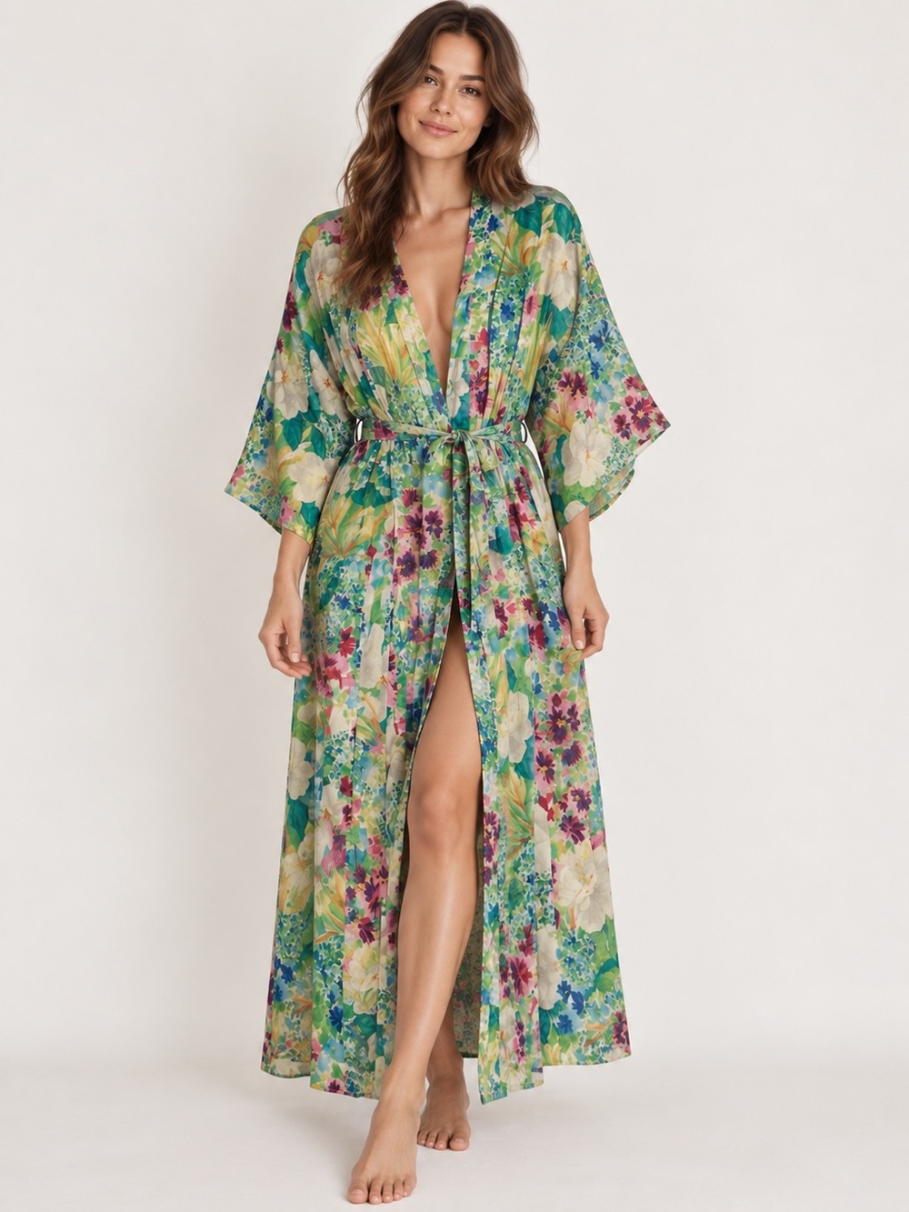 Victoria’s Secret Gold Label 100% Silk Vintage Long Robe Wrap OS Green Floral
